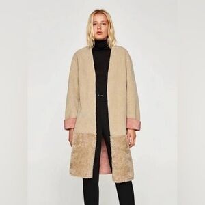 Zara Beige and Pink Faux Sherling Women's Coat